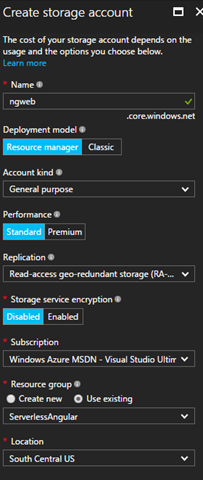 Create storage account dialog