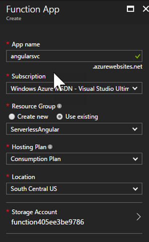 Create Function App Dialog