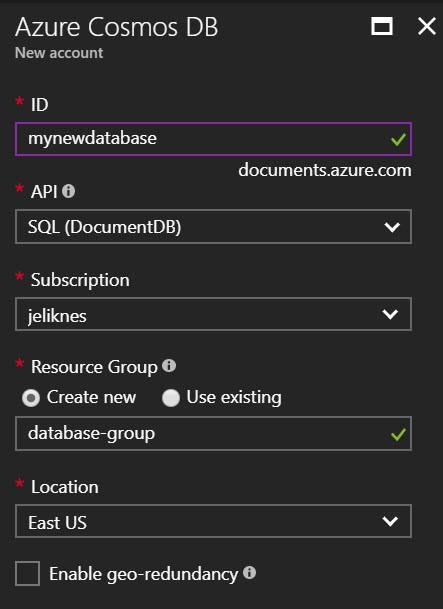 Filling out parameters for the new database