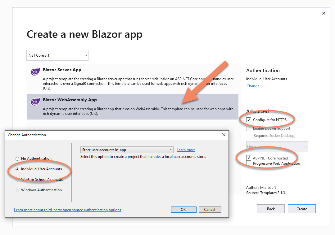 Screenshot of the create project dialog