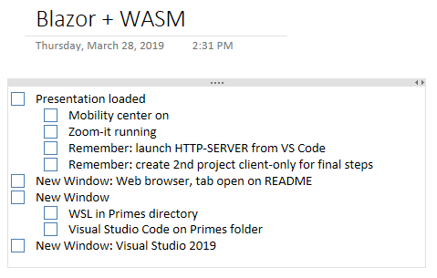 Example OneNote checklist